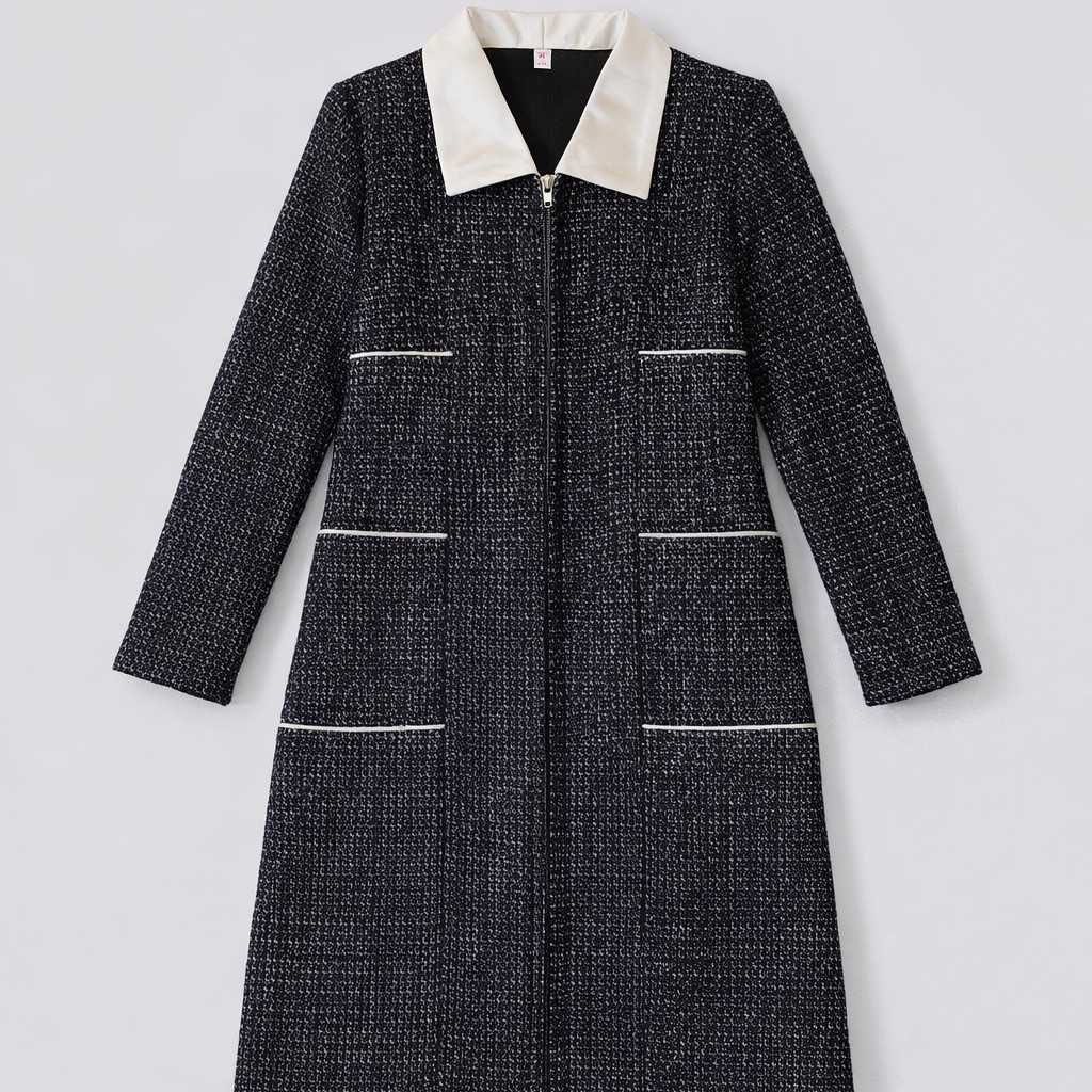 Black tweed checkered dress with contrast collar for girls 