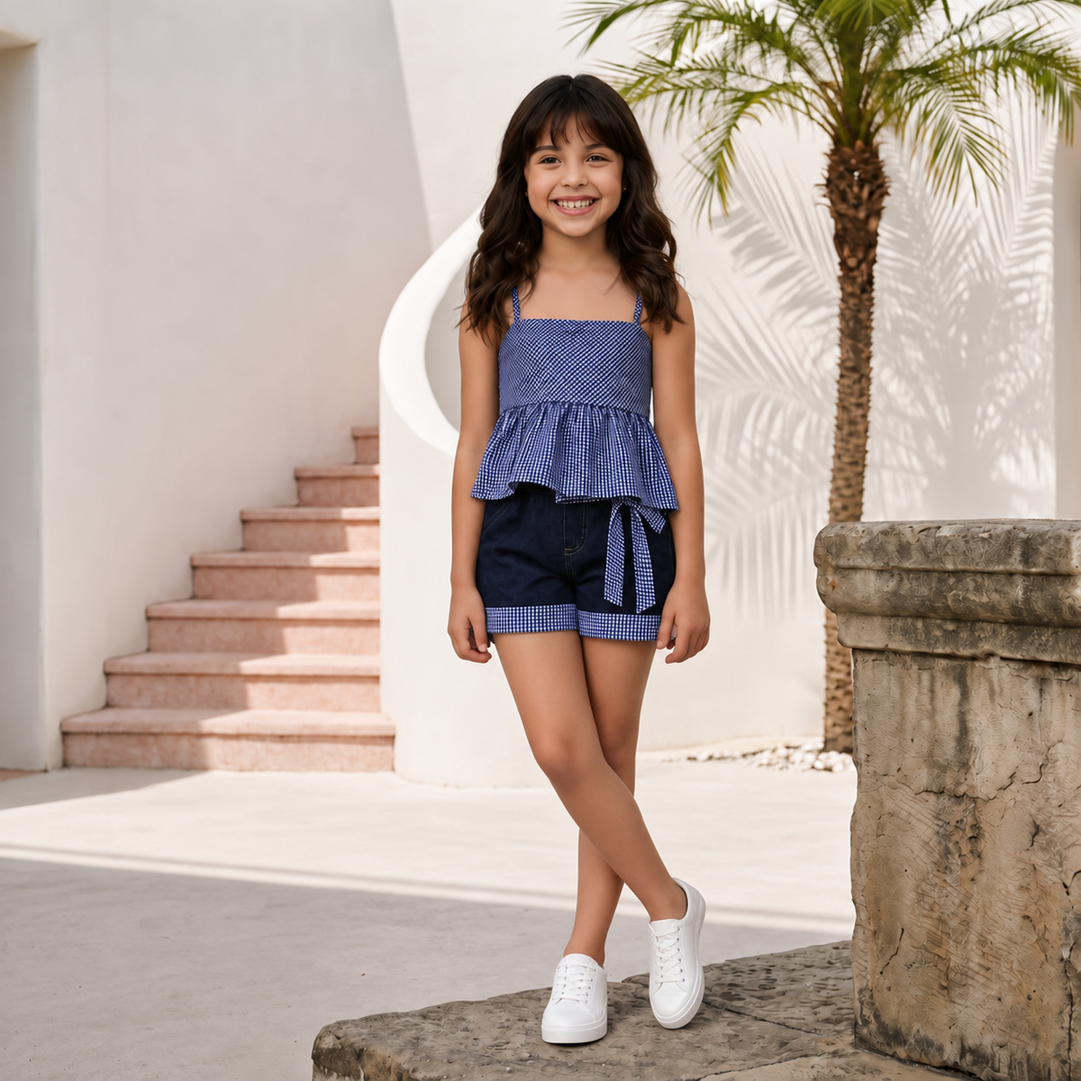 Amalfi Explorer Co-ord Set | Girls Gingham & Denim Co-ord Set