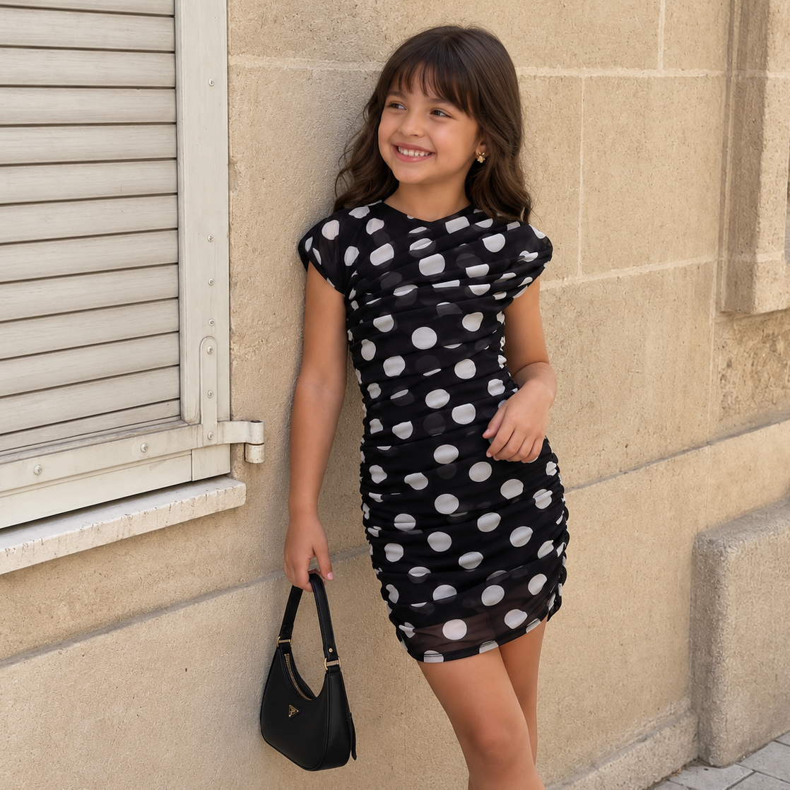 Parisian Draped Dress | Girls Parisian-Inspired Polka Dots Dress