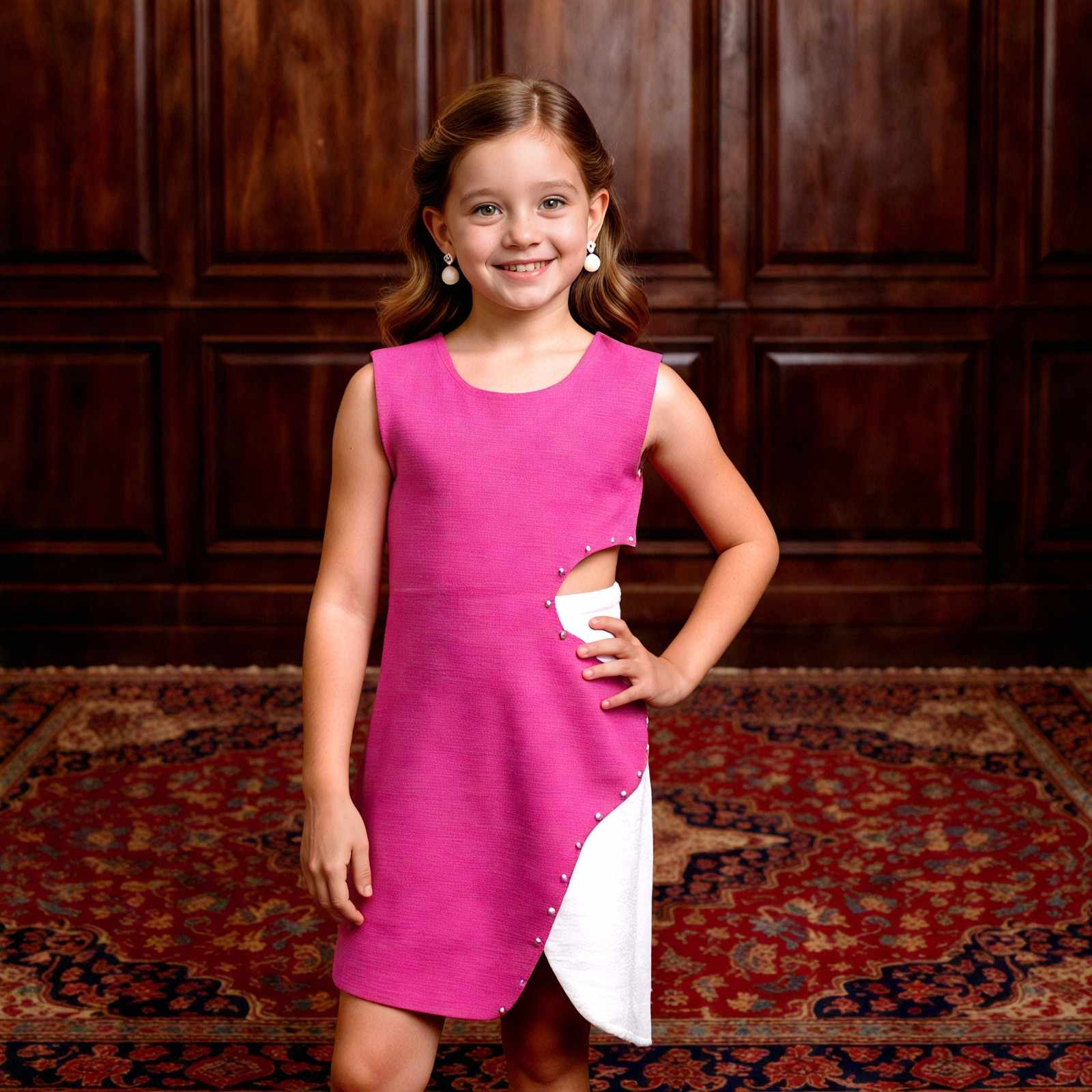 girls pink and white dress with an asymmetrical cut and pearl detailing, party outfit for girls 