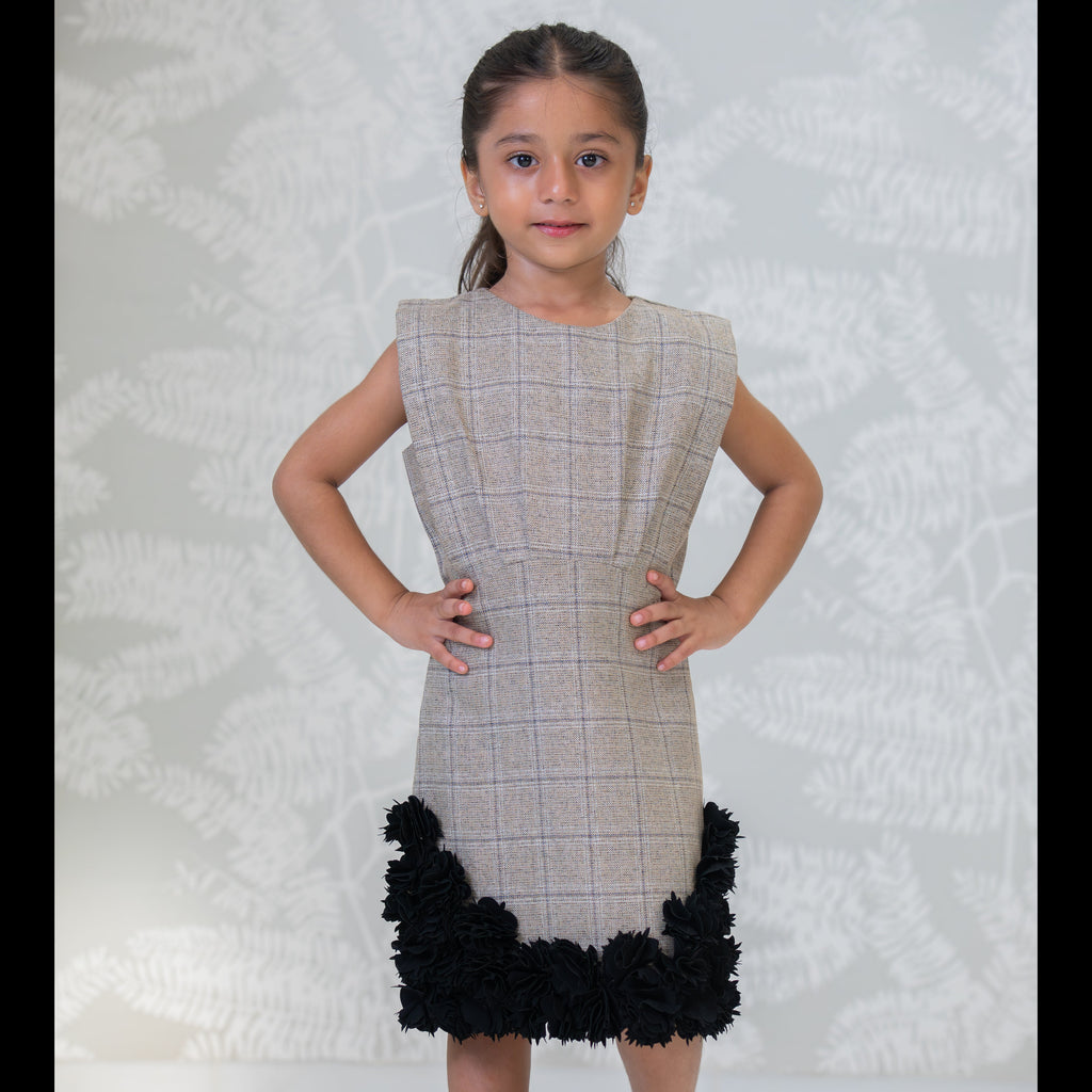 Beige checks dress for girls with floral detailing