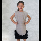 Beige checks dress for girls with floral detailing
