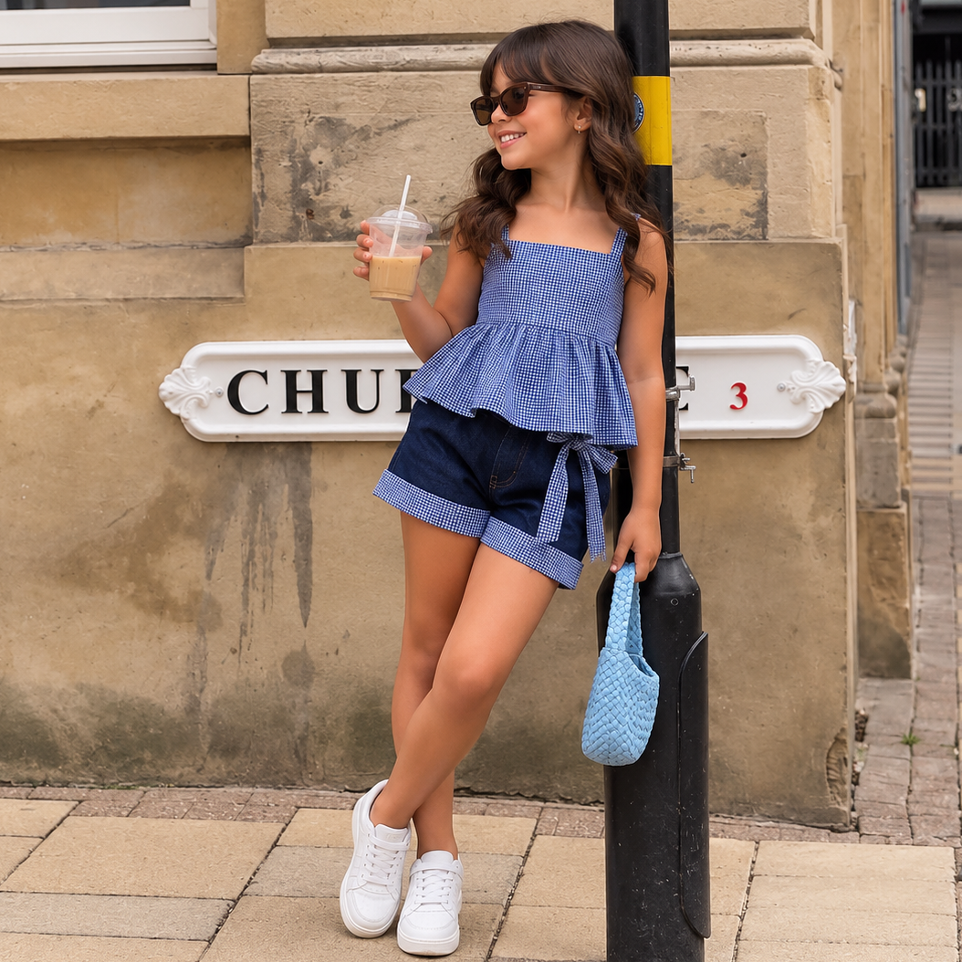 Amalfi Explorer Co-ord Set | Girls Gingham & Denim Co-ord Set