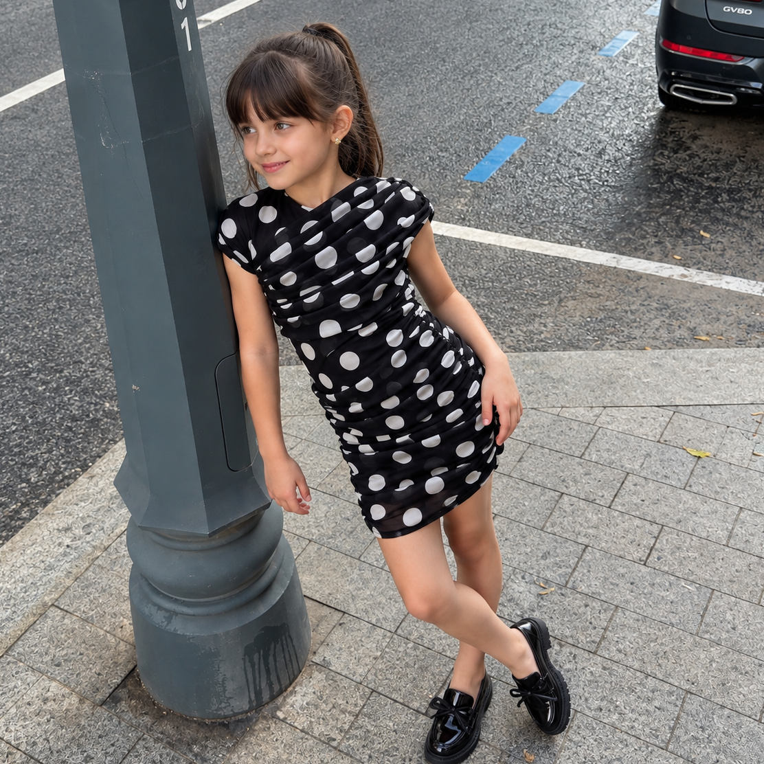 Parisian Draped Dress | Girls Parisian-Inspired Polka Dots Dress
