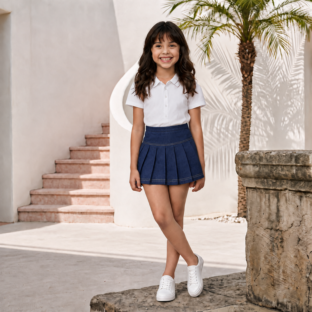 Girls Denim Casual Skirt - Slate Pleated