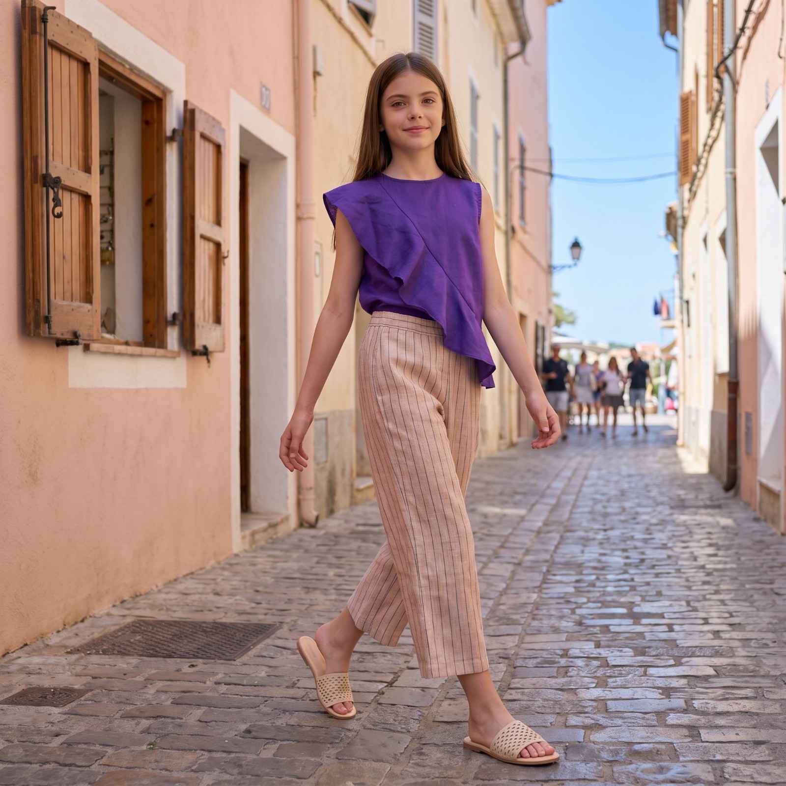 Sunset in Capri Co-ord Set | Cotton-Linen Ruffle Top & Striped Pants