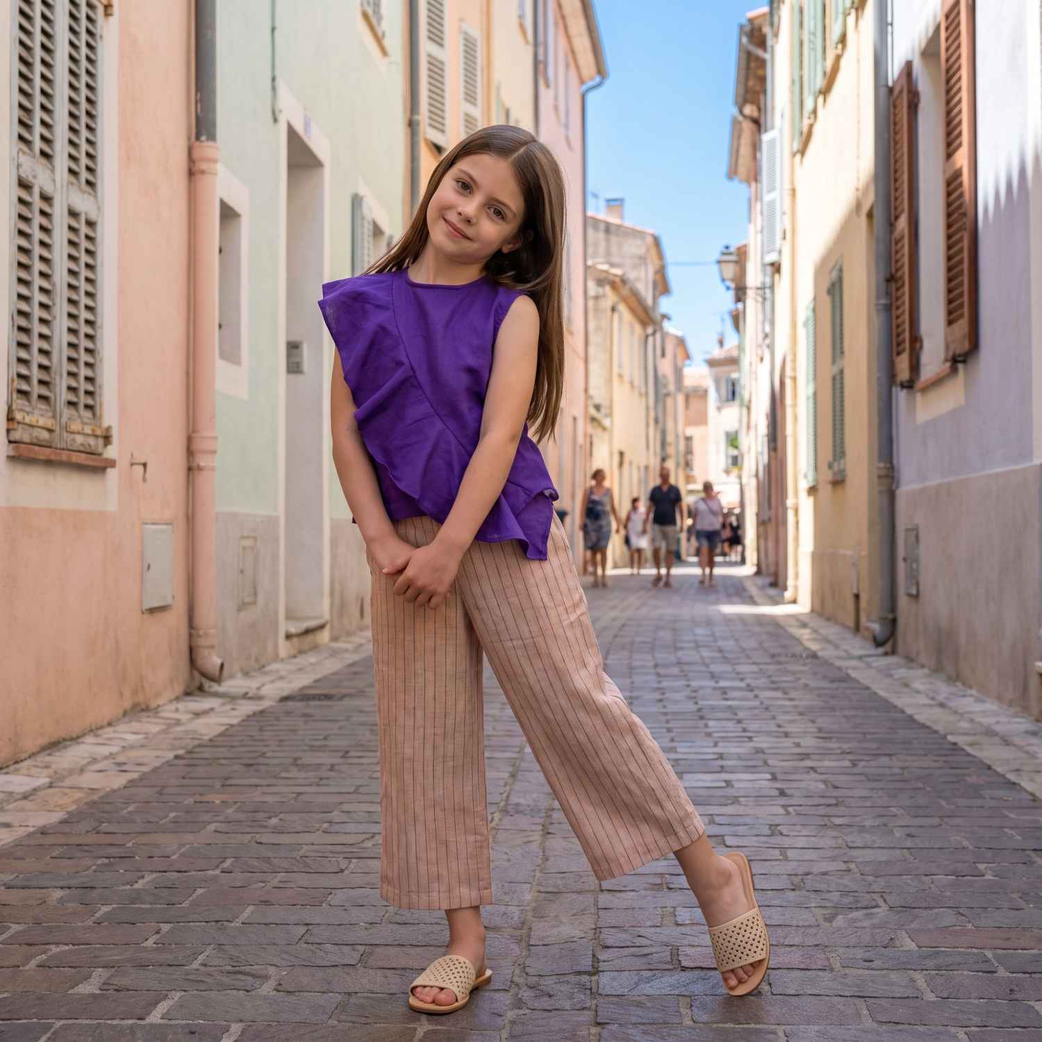 Sunset in Capri Co-ord Set | Cotton-Linen Ruffle Top & Striped Pants