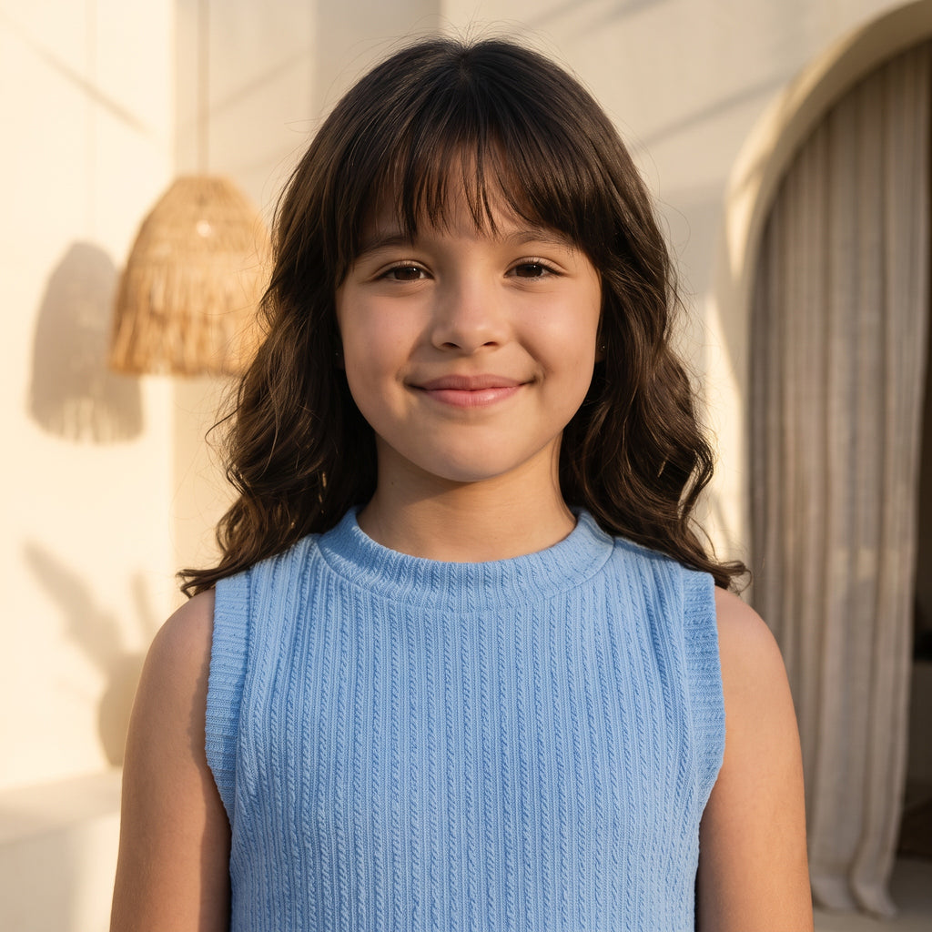 Girls' Light Blue Textured Sleeveless Shift Co-ord Set | Monday Blues