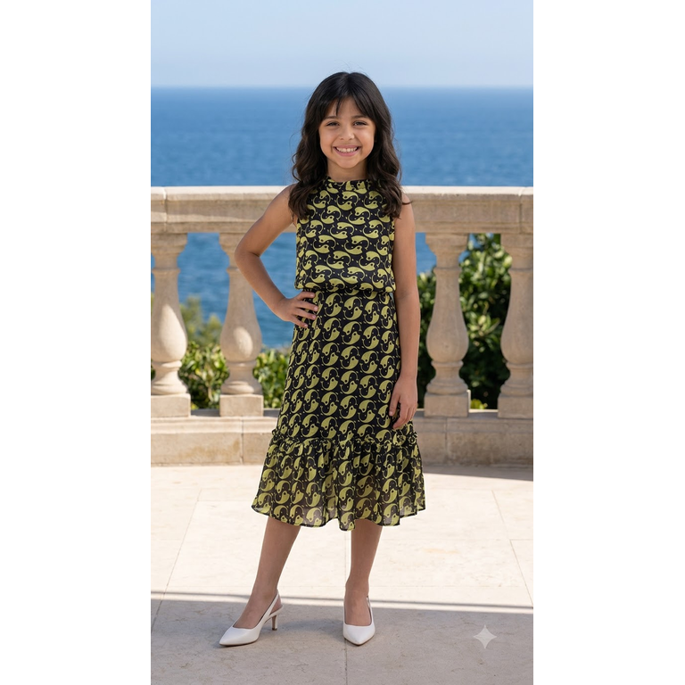 Girls Printed A-Line Below The Knee Dress | Signature Ruffle Hem Dress