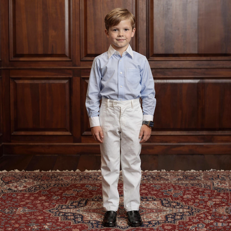 Young boy in a light blue striped shirt 